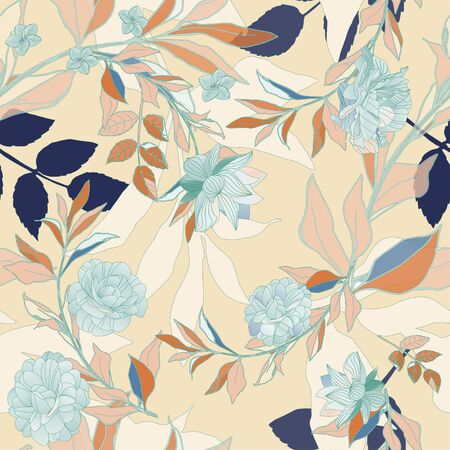 Seamless pattern  light blue roses and leaves on light cream beige background. Tropical flowers, lily. Vector illustration  plants. Gentle pastel colors.のイラスト素材