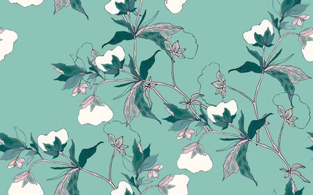 Graceful ornament of cotton flowers on a turquoise, sea foam color background. Seamless floral...