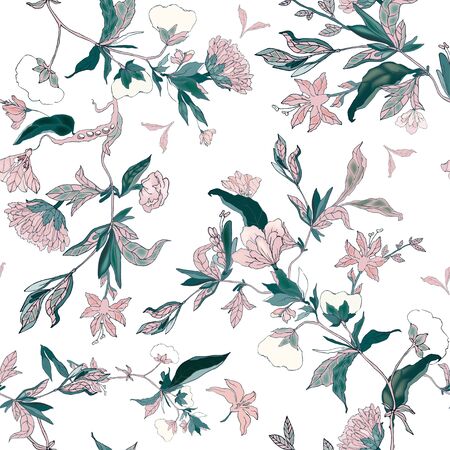Delicate pink floral ornament of branches, leaves and inflorescences on a white background. Seamless pattern. Vector hand-drawn illustration.&#xD;&#xA;のイラスト素材