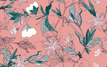 Delicate floral ornament of branches, leaves and inflorescences on a pink background. Seamless...