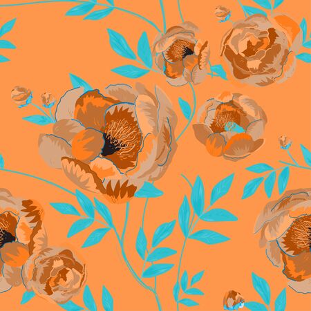 Large orange buds and peonies flowers surrounded by turquoise blue leaves on a tangerine background. Floral seamless pattern. Vector illustration with plants.のイラスト素材