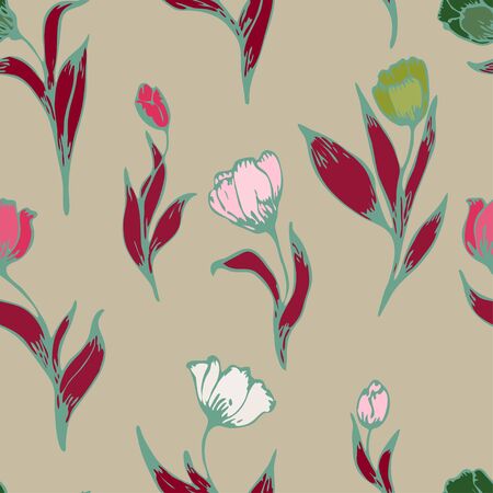 Multi-colored flowers and leaves of tulips on a sage grey background. Floral seamless pattern. Vector illustration with hand-drawn plants.のイラスト素材
