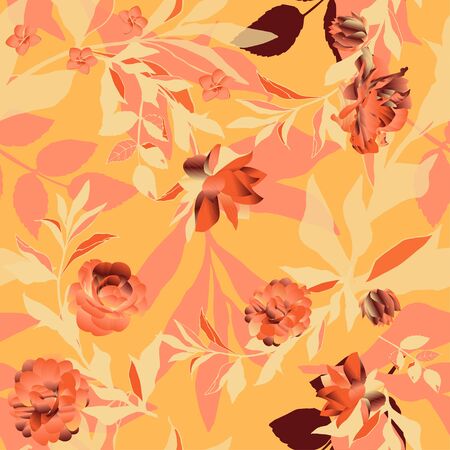 Seamless pattern with peach, beige roses and leaves on orange, tangerine background. Tropical flowers, lily. Vector illustration with plants. EPS 10のイラスト素材