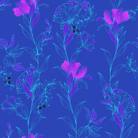 Seamless floral pattern in nightly silver blue colors. Delicate, graceful background of inflorescences, petals, leaves, stems and flowers hand drawn with ink. Vector illustration with plants.のイラスト素材
