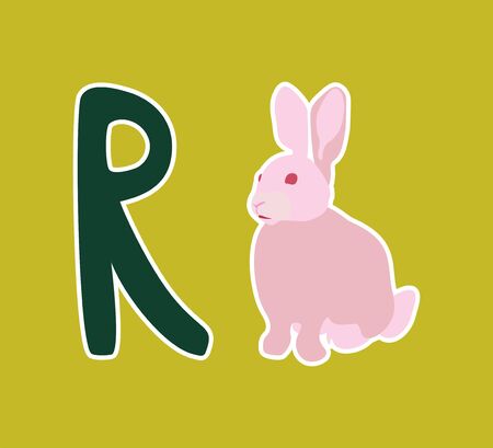 Children`s cards with the alphabet. Pink rabbit and green letter of the English alphabet J on sage color background. Picture with exotic african animal. All objects are grouped and isolated. EPS 10のイラスト素材