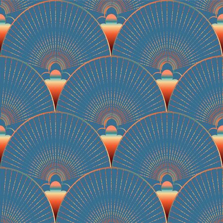 Seamless vector abstract pattern of colored shapes, fans, lines, chains and stripes on a grey blue color background. Design for fabric, wallpaper, scarves in art deco style.のイラスト素材