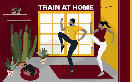 Two people, a man and a woman, are engaged in sports training at home in a room furnished with cacti and a cat lying on a couch.のイラスト素材