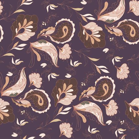 Stylized beige brown flowers and paisley on a dark violet color background. Seamless vector pattern in oriental style. Square repeating ornament for fabric, design of cards, wallpapers.のイラスト素材