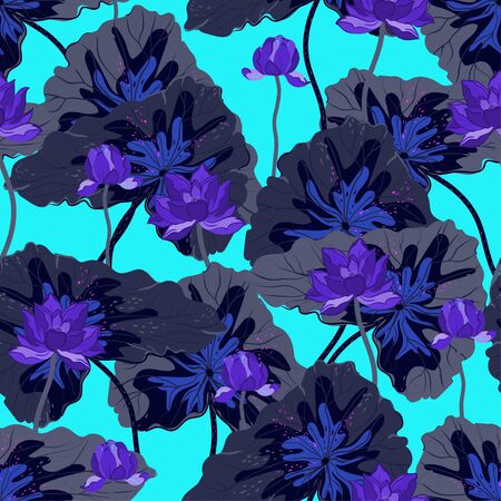 Lilac lotuses with large violet leaves on a light aqua blue color background. Vector seamless floral pattern. Square repeating design for fabric and wallpaper.のイラスト素材