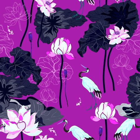 A pond with huge flowers and lotus dark violet leaves and cranes hunting fish. Seamless floral vector pattern with neon magenta pink color background. A square repeating design based on Chinese painting.のイラスト素材