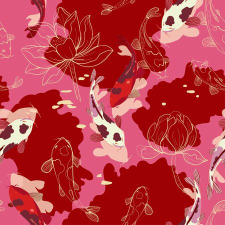 Koi carps in water, among graphic lotuses on a pink red color background. Vector seamless pattern with flowers and fish. Repeating square design for fabric and wallpaper.のイラスト素材