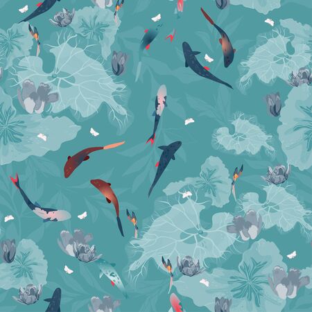 Flowers and leaves of lotuses lily, koi carps in light cream blue color water. Seamless hand-drawn vector illustration with a pond. Square repeating design for fabric and wallpaper.のイラスト素材