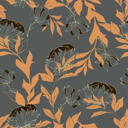 Abstract illustration of flowers on a grey color background. Seamless vector floral pattern. Simple square repeating design for fabric and wallpaper.のイラスト素材