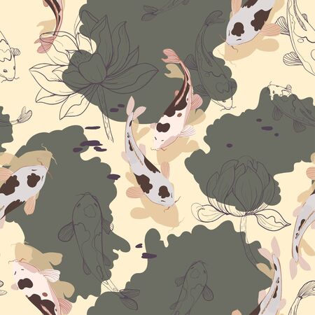 Koi carps in water, among graphic lotuses on a ochre cream, moss green color background. Vector seamless pattern with flowers and fish. Repeating square design for fabric and wallpaper.のイラスト素材