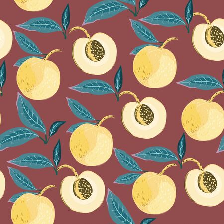 Fruits of peaches and apricot trees leaves on a brown, red brick color background. Seamless vector...