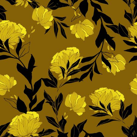 Abstract illustration of flowers on a dark yellow, tan ochre color background. Seamless vector floral pattern. Simple square repeating design for fabric and wallpaper.のイラスト素材