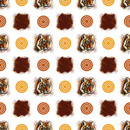 Seamless pattern with illustration of tiger muzzles with brown, terracotta and yellow-orange elements and splashesの写真素材