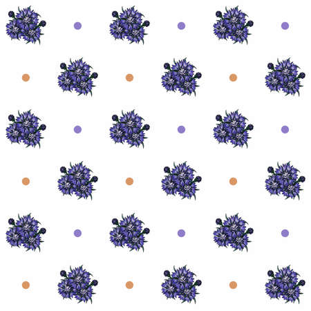 Seamless pattern with of romantic bouquets of cornflowers with orange and purple circlesの写真素材