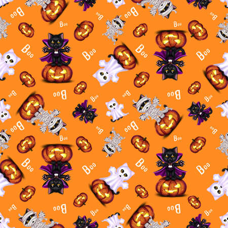 Seamless pattern on the theme of Halloween with black ghost cats, mummies, dracula, vampires, pumpkins, Jack-o'-lanterns and Boo inscriptions on a yellow-orange backgroundの写真素材