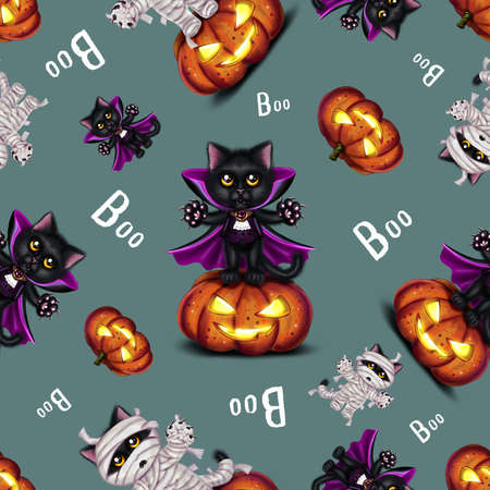 Large seamless pattern on the theme of Halloween with black cats dracula and mummies, pumpkins Jack-o'-lanterns and the inscriptions Boo on a gray backgroundの写真素材