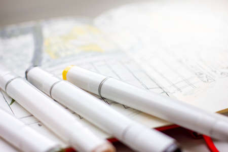The sketch markers on sketchbook, quick drawingの写真素材