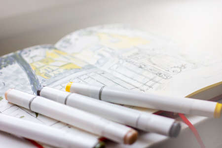The sketch markers on sketchbook, quick drawing, selective focusの写真素材