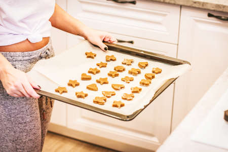 Raw ginger cookies on baking sheet in woman handsの写真素材
