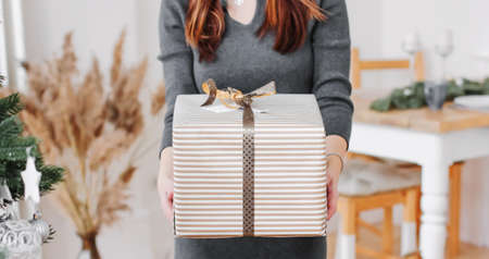 Young slim brunette woman in grey casual dress holding big christmas gift box at home, bannerの写真素材