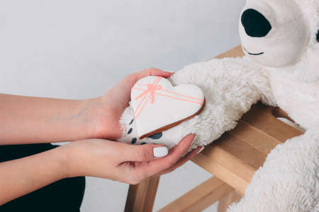 Woman hands and white heart gingerbread on paw of old bear toy on wooden chair isolated on grey backgroundの写真素材