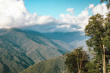 Beautiful view of the mountains with big clouds in blue sky. Krasnodar area, Sochiの写真素材