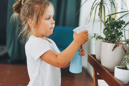 Funny cute toddler girl watering house plant at room in homeの写真素材