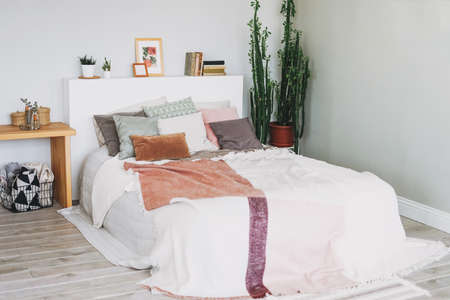 Scandinavian modern cozy bright interior in bedroom, big green house plant at homeの写真素材