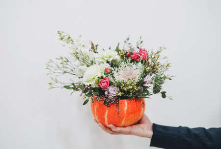 DIY autumn flower arrangement bouquet in pumpkin on whiye background, florist at work, floristry studioの写真素材