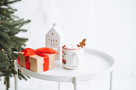 Decorated Christmas tree at bedroom in eco bright interior at homeの写真素材