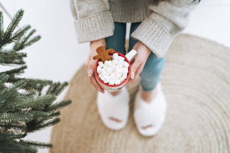 Young woman in cozy knitted sweater sitting with cup of cocoa with marshmallow in room with...