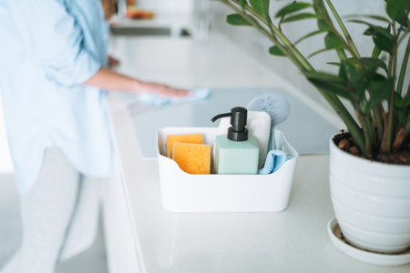 Box with things for cleaning kitchen on background of young woman at homeの写真素材
