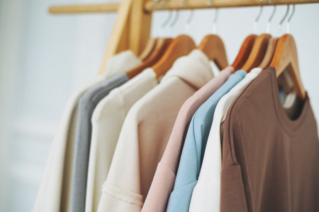 Cotton tops sweatshirts in natural tones on wooden shelf in bright roomの写真素材