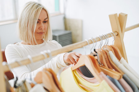 Young blonde woman stylist seller chooses clothes on hanger in bright studioの写真素材