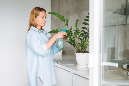 Young woman in blue shirt with spray with water in hands takes care of houseplant in kitchen at homeの写真素材