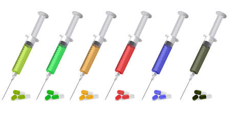 A set of syringes, each has different colored fluid in it and a pile of pills in the same colorのイラスト素材