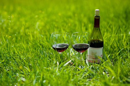 Bottle of wine and two glasses on the grass, picnic, engagementの写真素材