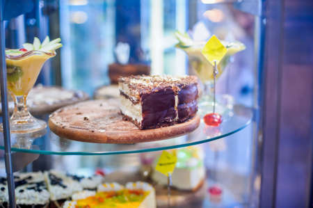 Cakes and pies on display in the cafe