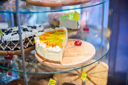 Cakes and pies on display in the cafeの写真素材