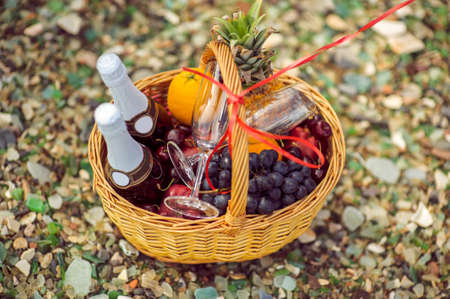 Fruit basket and wine at the picnicの写真素材