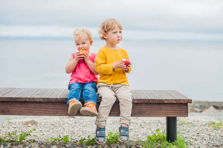 Toddlers boy and girl sitting on a bench by the sea and eat an appleの写真素材