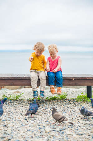 Toddlers boy and girl sitting on a bench near the sea and fed the pigeons with breadの写真素材