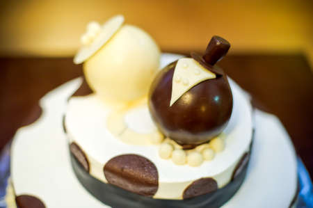 Brown and white cake with chocolate and glaze