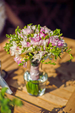Wedding bouquet in romantic and vintage style with pink peonies and white rosesの写真素材