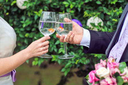 Bride and groom holding glasses with goldfish Wedding conceptの写真素材