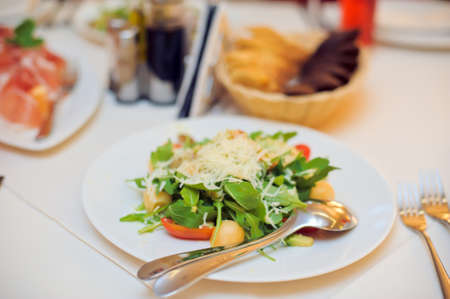 Catering service. Restaurant table with food. Huge amount of food on the table. Plates of food. Dinner time, lunch.の写真素材